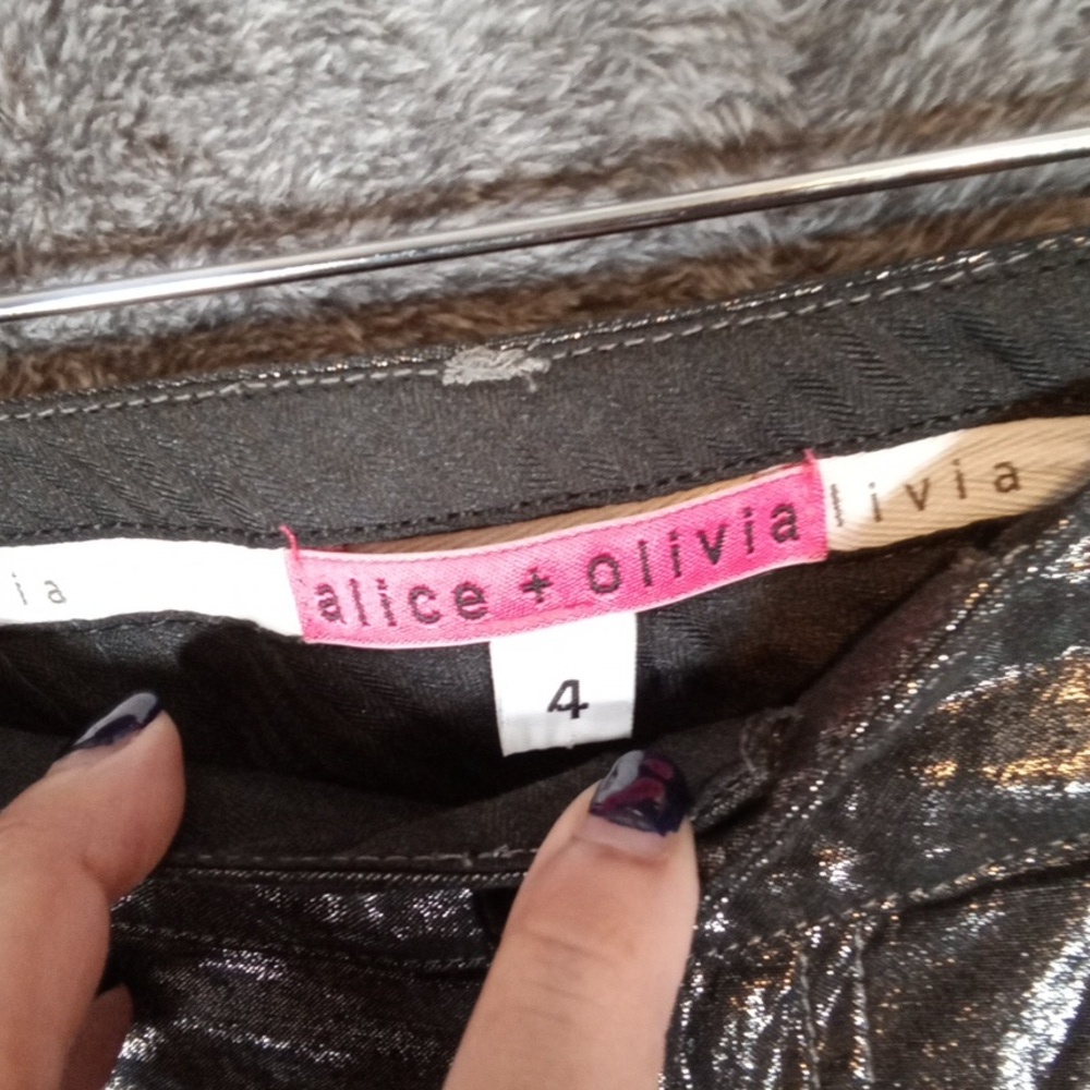 Alice + Olivia Shimmering Silver Skinny Pants Party Club Womens Sz 4 - Picture 2 of 12